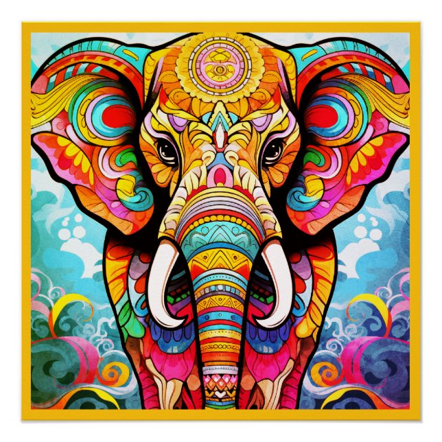 Colourful Mosaic Elephant on a Glossy Wall Poster (Front)