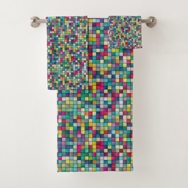 Colourful mosaic, geometric squares pattern bath towel set (Insitu)
