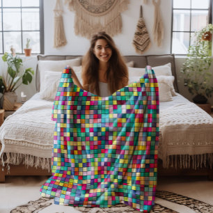 Colourful mosaic, geometric squares pattern fleece blanket