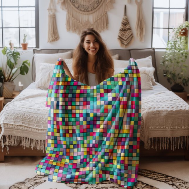Colourful mosaic, geometric squares pattern fleece blanket (Creator Uploaded)