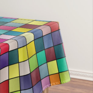 Colourful mosaic, geometric squares pattern fleece tablecloth