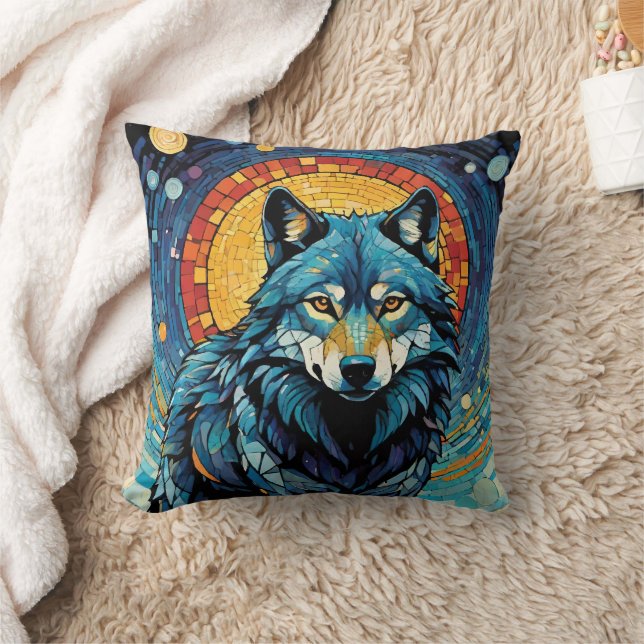 Colourful Mosaic Illustration of Majestic Wolf Cushion (Blanket)