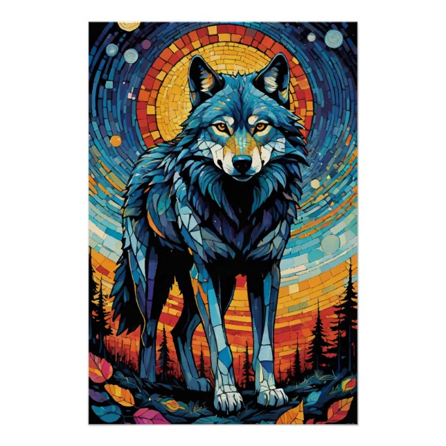 Colourful Mosaic Illustration of Majestic Wolf Poster (Front)