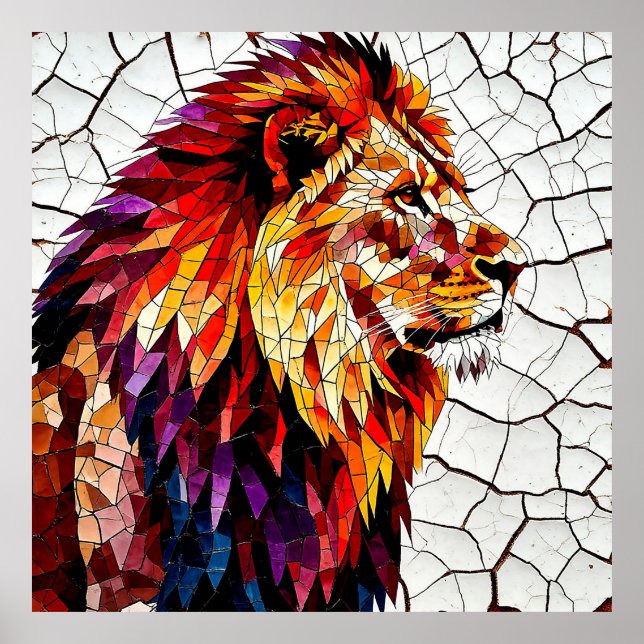 Colourful Mosaic Lion Sculpture Poster (Front)