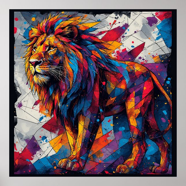 Colourful Mosaic Lion Sculpture Poster (Front)