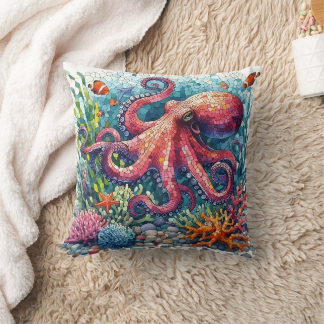 Colourful Mosaic Octopus Among Coral Reef Cushion (Blanket)
