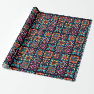 Colourful mosaic tile design with flowers 2 wrapping paper