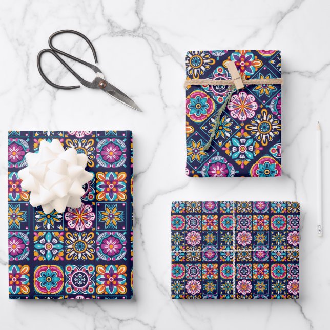 Colourful mosaic tile design with flowers 3 wrapping paper sheet (Front)