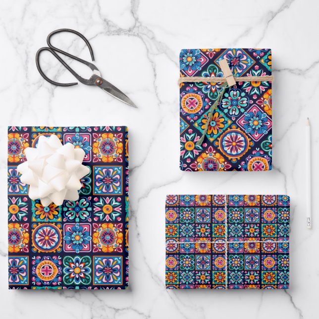 Colourful mosaic tile design with flowers 5 wrapping paper sheet (Front)