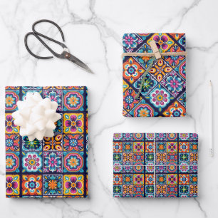 Colourful mosaic tile design with flowers 8 wrapping paper sheet