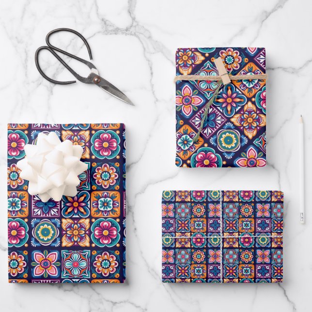 Colourful mosaic tile design with flowers 9 wrapping paper sheet (Front)