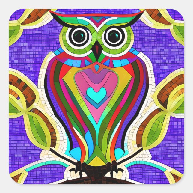 Colourful Mosaic Tile Owl Art Square Sticker (Front)