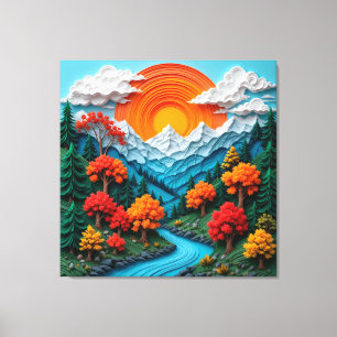 Colourful Mountain Landscape with River, Trees Canvas Print