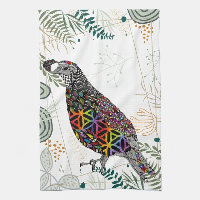 Colourful Mountain Quail Kitchen Towel (Vertical)