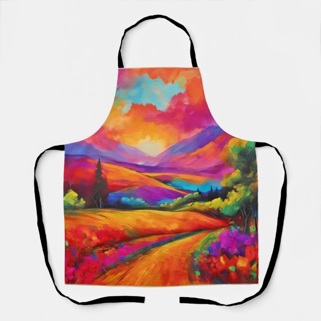 Colourful Mountain Sunset Landscape Painting Apron (Front)