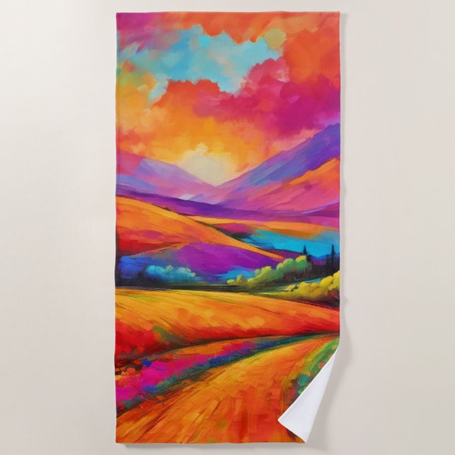 Colourful Mountain Sunset Landscape Painting Beach Towel (Front)
