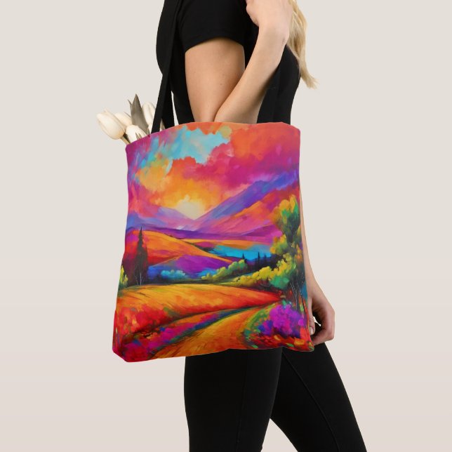 Colourful Mountain Sunset Landscape Painting Tote Bag (Close Up)