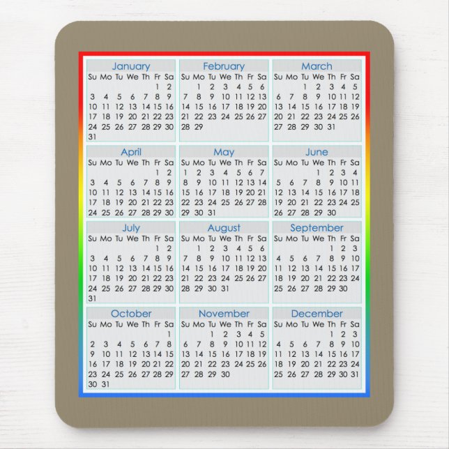 Colourful Mouse-pad Calendar for 2016 Mouse Pad (Front)