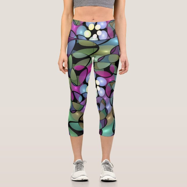 Colourful Movements Abstract Trippy Fractal Art Capri Leggings (Front)