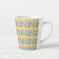 colourful mug featuring a cute, cartoon cat patter