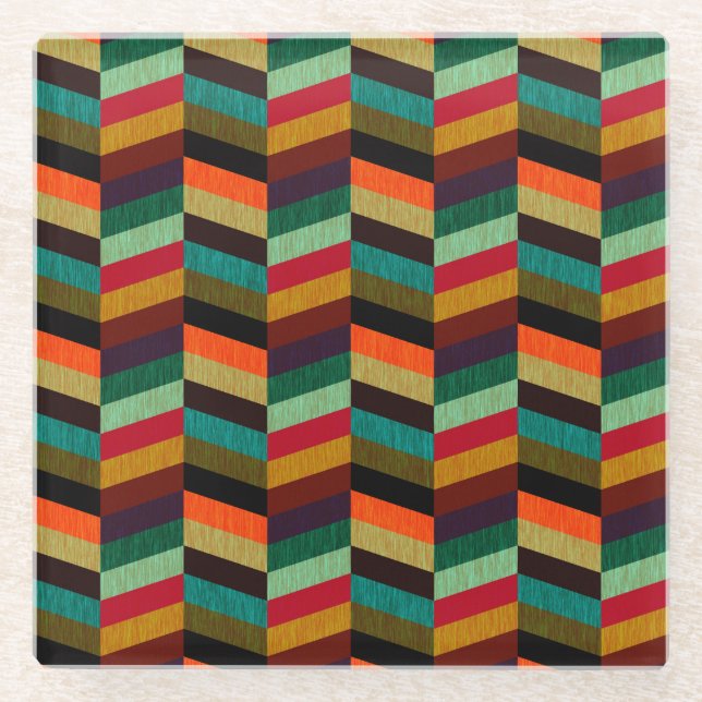 Colourful Multi-Coloured Herringbone Pattern Glass Coaster (Front)