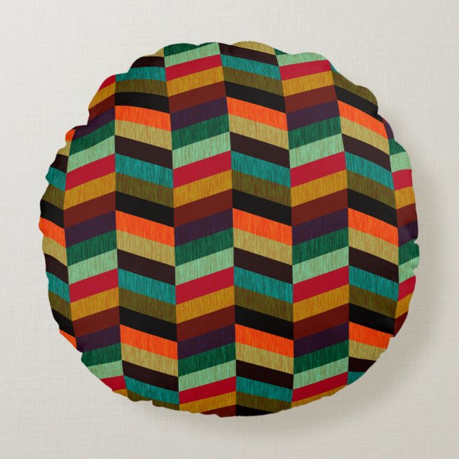Colourful Multi-Coloured Herringbone Pattern Round Cushion (Front)