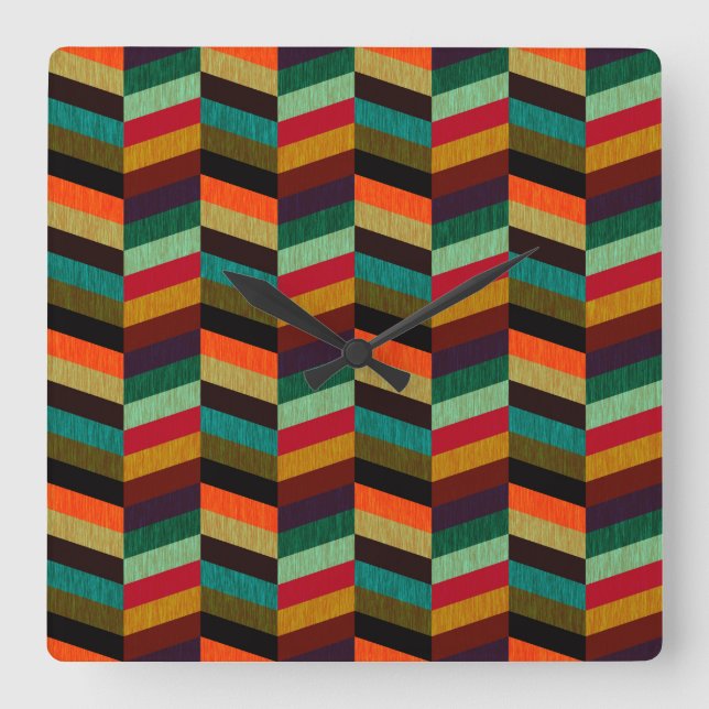 Colourful Multi-Coloured Herringbone Pattern Square Wall Clock (Front)