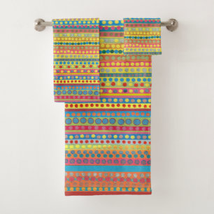 Colourful Multi Dots and Stripes Bath Towel Set