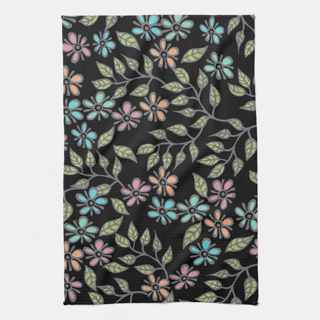 Colourful Multicolor Floral with Black Tea Towel (Vertical)