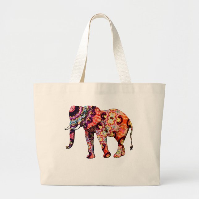 Colourful Multicolored Elephant Large Tote Bag (Front)