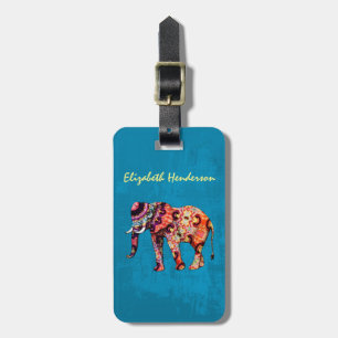 Colourful Multicolored Elephant on Blue Background Luggage Tag