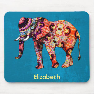Colourful Multicolored Elephant on Blue Background Mouse Pad