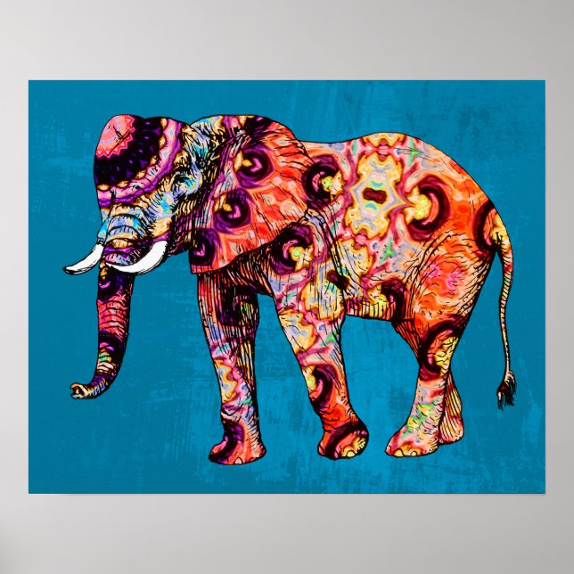 Colourful Multicolored Elephant on Blue Background Poster (Front)