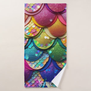 Colourful Multicolored Rainbow Mermaid Tail Name Bath Towel