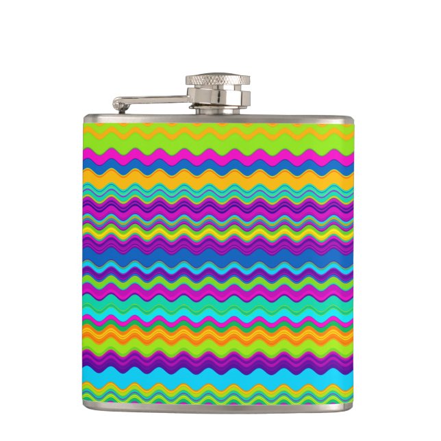 Colourful Multicoloured Wavy Line Pattern Hip Flask (Front)