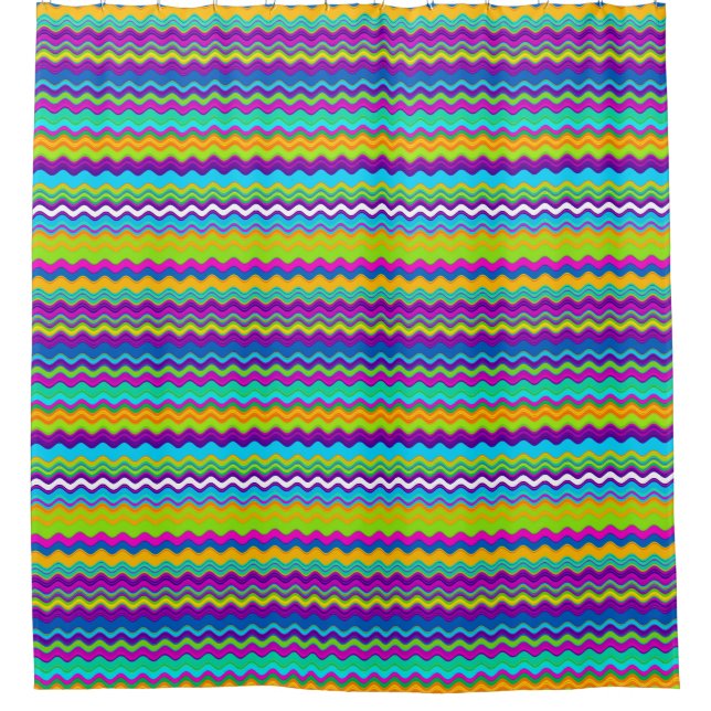 Colourful Multicoloured Wavy Line Pattern Shower Curtain (Front)