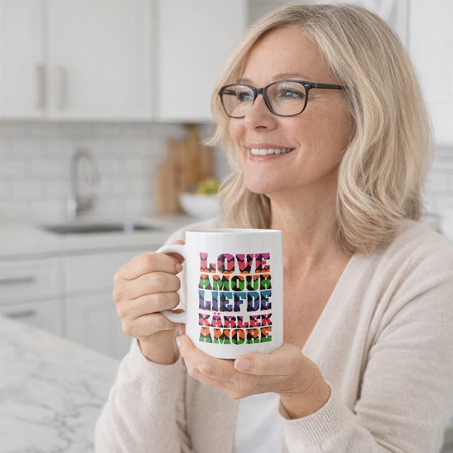 Colourful Multilingual Love Typography Design Coffee Mug (A mug that says love in many languages with neon color hearts.)
