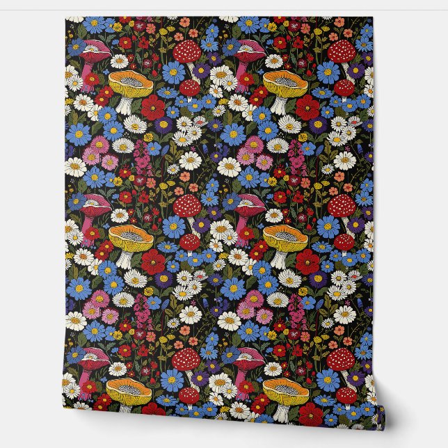 Colourful Mushroom Flower Floral Pattern Wallpaper (Unrolling)