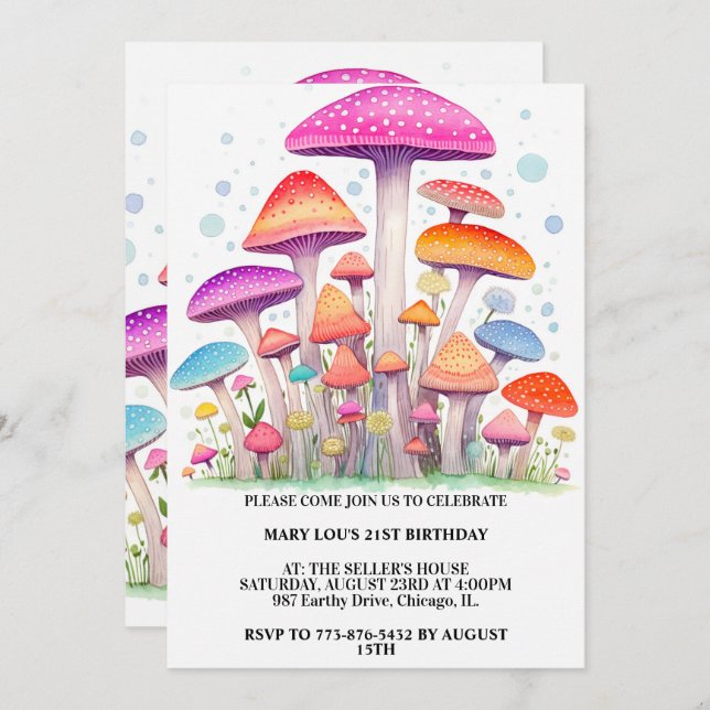 Colourful Mushroom Forest Art Birthday Party Invitation (Front/Back)