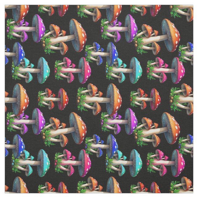 Colourful Mushroom On Black Background Textile Fabric (Swatch)
