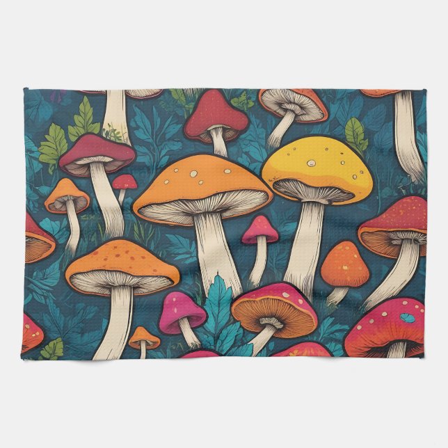 Colourful Mushroom Pattern Tea Towel (Horizontal)