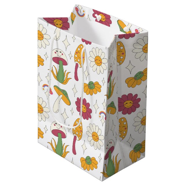 Colourful Mushroom, Rainbow and Daisies Pattern Medium Gift Bag (Front Angled)