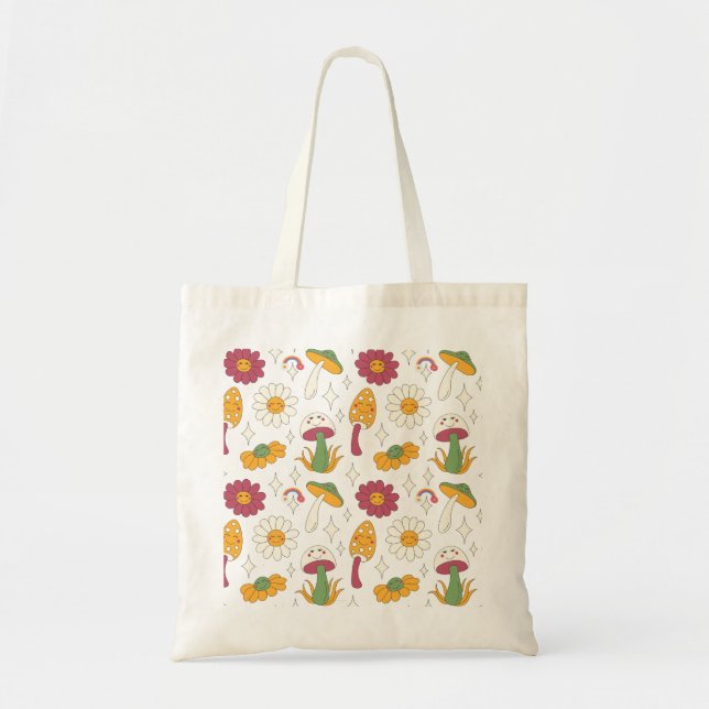 Colourful Mushroom, Rainbow and Daisies Pattern Tote Bag (Front)
