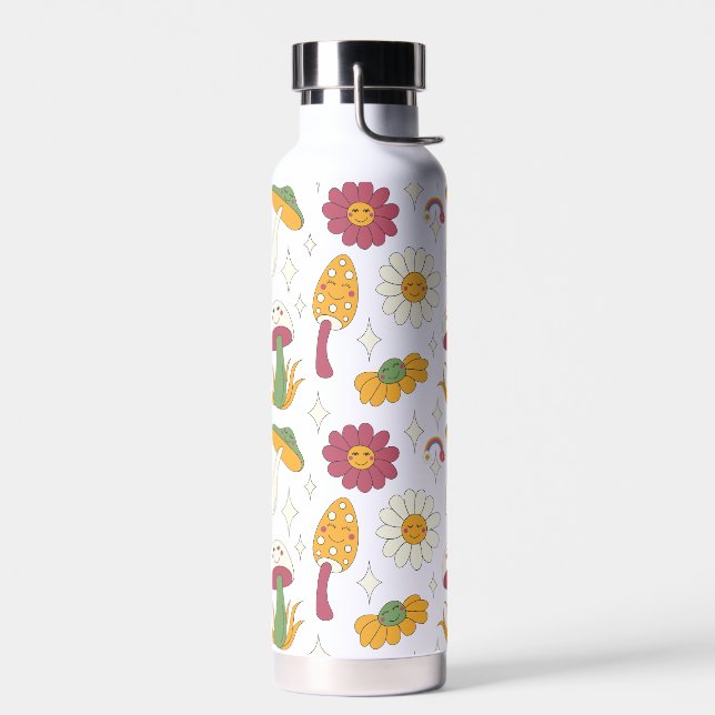 Colourful Mushroom, Rainbow and Daisies Pattern Water Bottle (Left)
