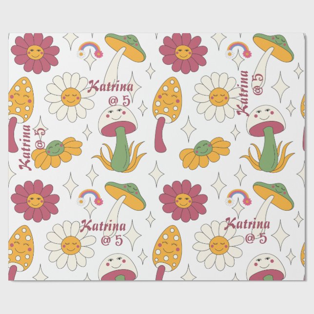 Colourful Mushroom, Rainbow and Daisies Pattern Wrapping Paper (Flat)