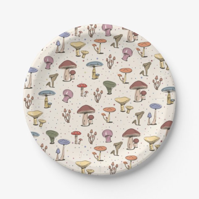 Colourful Mushrooms Doodle Pattern Paper Plate (Front)