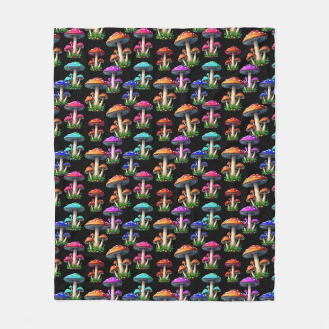 Colourful Mushrooms On Black Background  Fleece Blanket (Front)