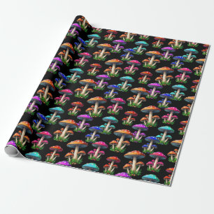 Colourful Mushrooms On Black Background Wrapping Paper