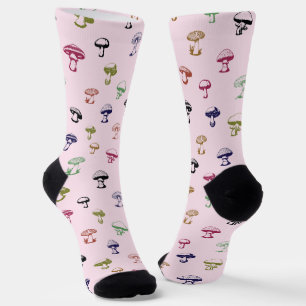 Colourful Mushrooms on Solid Pink Background Socks
