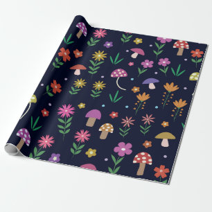 Colourful Mushrooms With Whimsical Flowers Pattern Wrapping Paper